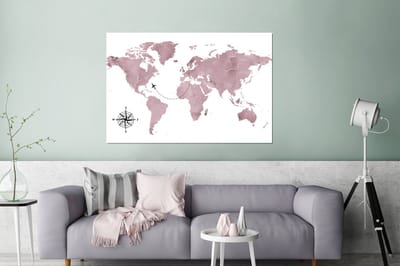 Aluminium schilderij 120x80 cm - Wanddecoratie metaal - Wereldkaart - Roze - Windroos - Metalen muurdecoratie woonkamer - Decoratie industrieel - Foto op dibond - Industriële accessoires slaapkamer