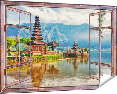 Gards Tuinposter Doorkijk Pura Tempel in Bali op het meer Beratan - 150x100 cm - Tuindoek - Tuindecoratie - Wanddecoratie buiten - Tuinschilderij