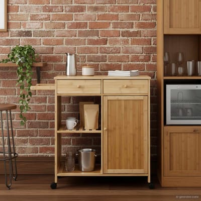 vidaXL - Keuken - Trolley - met - Wielen - Naturel - 90,5 - x - 36 - x - 86,5 - cm - Bamboe