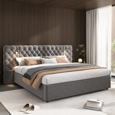 Gestoffeerd bed 180 x 200 cm - met opbergruimte en LED-verlichting - groot hoofdeinde - fluweel - zonder matras - grijs