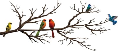 Mooie metalen wanddecoratie met kleurrijke vogels op takken, perfect voor buiten en binnen, ideaal voor balkon en tuin, vintage stijl