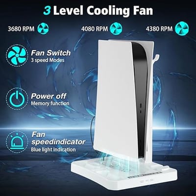 PS5 & PS VR2 Standaard met Koeling en Oplaadstation – 3-in-1 Console Stand met Dual Ventilatoren, Controller Lader & Headsethouder – Ruimtebesparend Accessoire