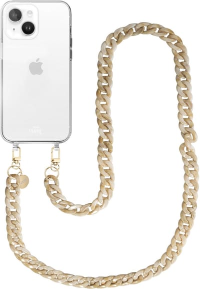 xoxo Wildhearts siliconen hoesje - Geschikt voor iPhone 15 - Cream Latte - Telefoonhoesje - Hoesje met koord - Beige koord - lang telefoonkoord - Transparant hoesje (lange variant)
