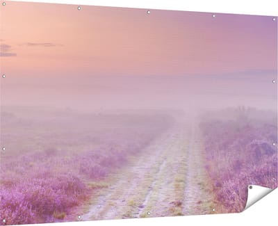 Gards Tuinposter Pad in de Weide tijdens de Mist - 180x120 cm - Tuindoek - Tuindecoratie - Wanddecoratie buiten - Tuinschilderij
