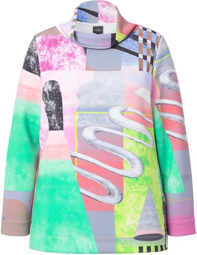 Ulla Popken - Dames - Sweatshirt patchdesign opstaande kraag lange mouwen - Sneeuwwit - Maat 46+