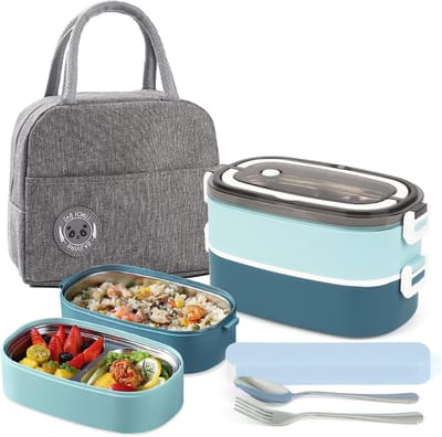 Bento lunchbox 2 niveaus lekvrij 3 vakken bestek draagbaar lunchbox volwassenen kinderen met lunchtas werk kantoor school