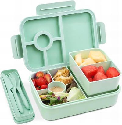 Famanu Lunchbox, lekvrij, lunchbox met 5 + 2 vakken voor maaltijden, bento-boxen met bestek, geïsoleerde lunchbox voor volwassenen en voor picknick, werk, school, groen, 1300 ml