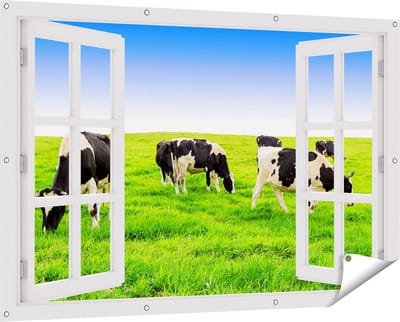 Gards Tuinposter Doorkijk Kudde Koeien in de Wei - Hemel Blauwe Lucht - 150x100 cm - Tuindoek - Tuindecoratie - Wanddecoratie buiten - Tuinschilderij
