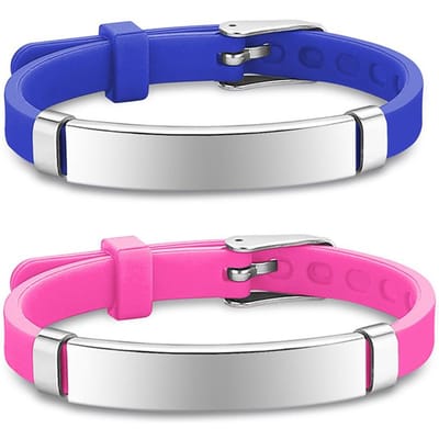 Bracelet d'identification pour enfants, réglable, silicone souple, pendentif en acier inoxydable, nom d'urgence, téléphone, bracelets personnalisés 14-20cm adjustable blue