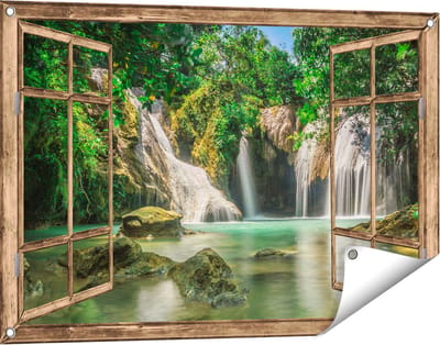 Gards Tuinposter Doorkijk Tropische Waterval - 90x60 cm - Tuindoek - Tuindecoratie - Wanddecoratie buiten - Tuinschilderij