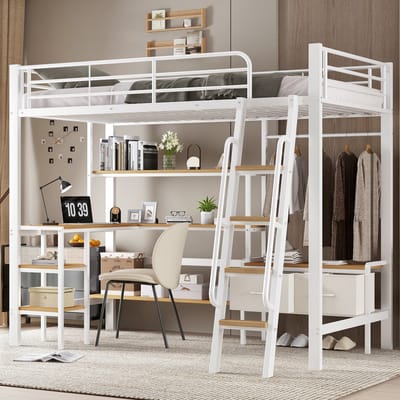 STILVORA Hoogslaper 90x200 cm – Met Bureau En Opbergrek – Schuine Trap En Opbergboxen – Kinderkamer – Metaal Hout – Wit Naturel – Zonder Matras