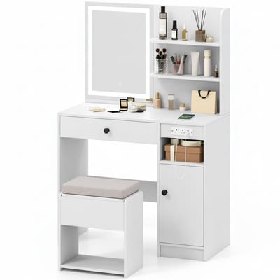 Kaptafel – Make up tafel met spiegel – Spiegel met LED verlichting – Toillettafel – Veel opbergruimte – Wit - 90B x 40D x 136H cm