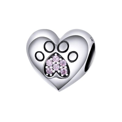 Hart Poot roze zirkonia bedel | bedels voor armband | heart dog paw pink zirconia bead | Zilverana | geschikt voor alle bekende merken | 925 zilver | moederdag