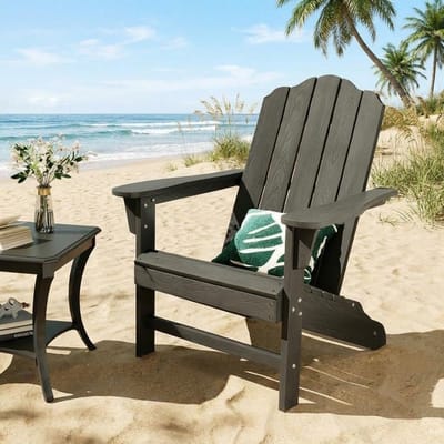 Zwart HDPE Adirondack-stoel, tuinstoel met houtstructuur, weerbestendige terrasstoel met hoge rugleuning, duurzaam loungemeubilair voor de tuin, achtertuin, terras en bij het zwembad