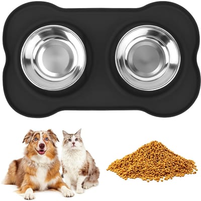 kleine hondenvoerbak, honden, katten, voerbak, katten, dubbele roestvrijstalen waterbak, hondenbakken met hondenbak, onderlegger, antislip, siliconen bakmat (46 x 27 cm)