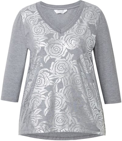 MIAMODA - Dames - T-shirt A-lijn zilverkleurig rozenmotief - Zilver melange - Maat 44