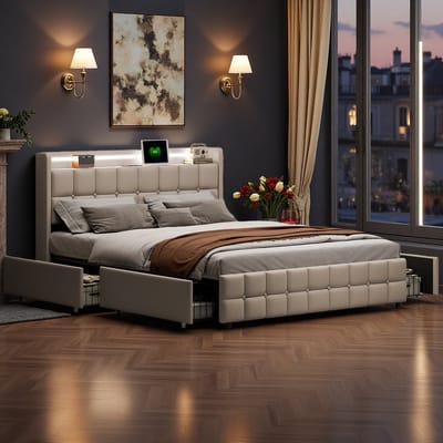 Tweepersoonsbed 160x200 cm – Opbergbed met 4 Lades, LED-Hoofdbord en USB-Oplaadfunctie, Beige Linnen
