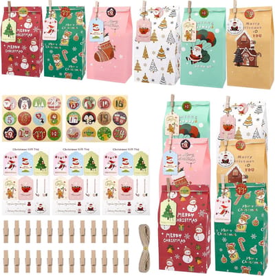 SnelShoppen - Zelf in te vullen Adventskalender voor Kinderen, 24 Kerstzakjes, Houten Klemmen, Stickers, 10m Touw, DIY Kerstdecoratie