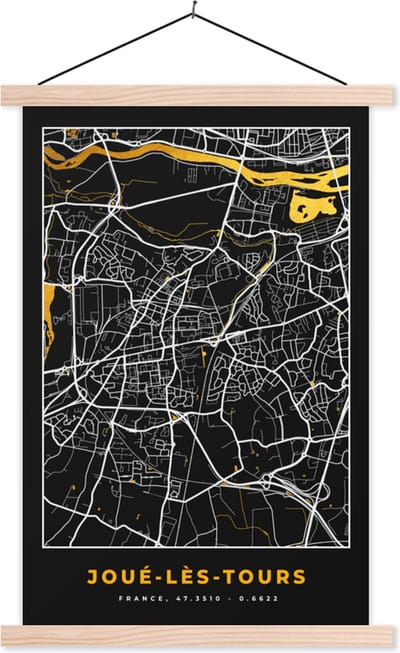 Posterhanger incl. Poster 40x60 cm - Schoolplaat - Joué-les-Tours - Stadkaart - Plattegrond - Kaart - Frankrijk - Textielposter - Blanke latten - Stadskaart