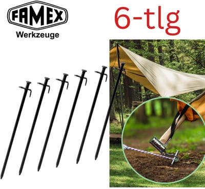 FAMEX Tentharingen Grondankers van Staal 6 Stuks, Robuuste Bodemankers voor Tenten, Partytenten, Zonnedoeken, Camping & Outdoor