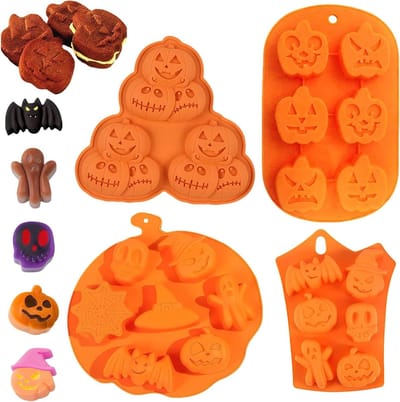 Set van 4 Halloween Bakvormen voor Kinderen - Siliconen Vorm met 22 Vakken voor Pompoen, Geest en Doodskop - Perfect voor Gelei, Chocolade, IJsblokjes en Taartdecoraties