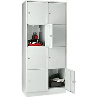 Vakkenkast 400 mm, 2 compartimenten, 8 vakken, veiligheidscilinderslot, sokkel, lichtgrijs