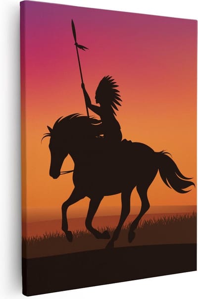 Artaza Canvas Schilderij Paarden Zonsondergang - 40x50 cm - Muurdecoratie Indiaan - Wanddecoratie Silhouet - Kamer Accessoires Woonkamer