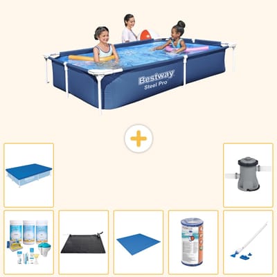 Bestway Rechthoekig Steel Pro Zwembad - 221 x 150 x 43 cm - Blauw - Inclusief Onderhoudspakket - Solar Mat - Grondzeil - Filter - Afdekzeil - Stofzuiger - Zwembadfilterpomp - 8-delig