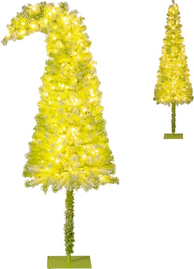 COSTWAY Kunstkerstboom van 180 cm met verlichting en sneeuw, dennenboom met buigbare punt, warmwitte ledlampen en 8 modi, kerstboom voor thuis