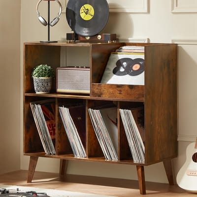 Platenstandaard - Platenspeler Meubel - Vinyl Platenrek voor 300 LP's - Vinyl Opslag met Presentatievlak - LP Houder - Albumhouder - Industrieel Design - Muziekkamer & Woonkamer - Grote Capaciteit - Vinyl Rek - Vintage Bruin & Zwart