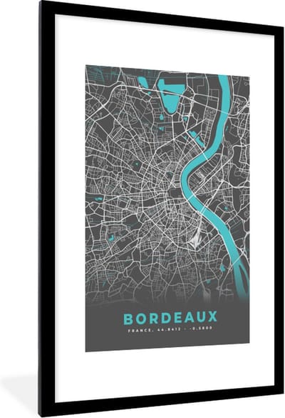 Fotolijst incl. Poster - Frankrijk - Stadskaart - Kaart - Plattegrond - Bordeaux - 80x120 cm - Posterlijst