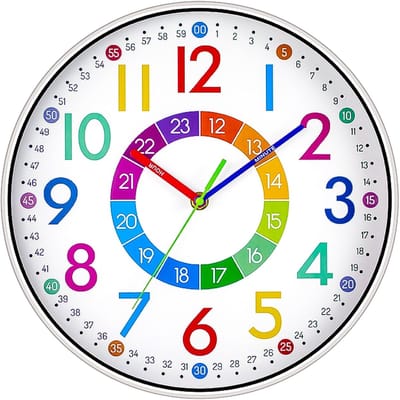 Ynkkvre - Wanduhr - 30 cm - Quartz - Stil Zonder Tikkend Geluid - Met Kleurrijke Cijfers - Leerklok - Creatieve Kinderkamer Klok