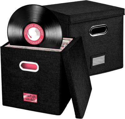 Vouwbare Vinyl Opbergdozen - 2 Stuks, 13 Inch Zwarte Linnen Dozen voor 100+ LP Albums, Stapelbare Organizer voor Platen, Boeken en Kantooraccessoires