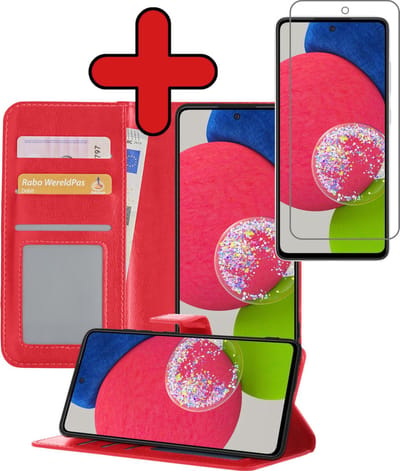 Hoesje - Met Screenprotector - Geschikt voor Samsung Galaxy A52s 5G - Luxe Pasjeshouder - Flipcase - Bookcase Portemonee - Flip Case - Kunstleer Book Case - Book Cover - Walletcase - Portemonneehoes - Telefoonhoes - Rood