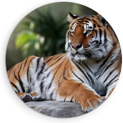 Saammp Muurcirkel Hout - Tijger op Steen - Natuur - Dieren - Ø 90 - Wandcirkel - Wanddecoratie Cirkel - muurdecoratie Woonkamer - Slaapkamer decoratie - Rond Schilderij