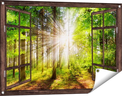 Gards Tuinposter Doorkijk Bos met Zon tussen de Bomen - 90x60 cm - Tuindoek - Tuindecoratie - Wanddecoratie buiten - Tuinschilderij