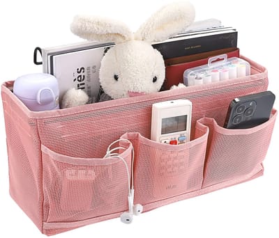 Net nachtkastje hangende opberging, bedzakken, manden, slaapzaal, bed organizer, caddy multifunctionele hangende opbergtas voor thuis, kantoor, school, slaapzaal, ziekenhuis, Roze