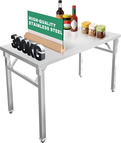 Serveertafel van roestvrij staal 120x60x85 cm, opklapbare keukentafel met blad, draagvermogen tot 300 kg en verstelbare poten, roestvrijstalen tafel voor voedselbereiding, catering en restaurants NAIZY