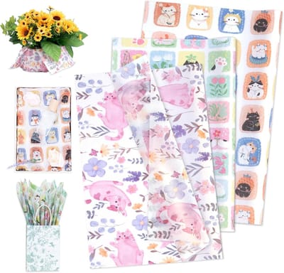 Schattig Katten Tissuepapier 60 Vellen - Lavendel en Wilde Bloemen voor Cadeauverpakking, Verjaardagen en Babyshowers