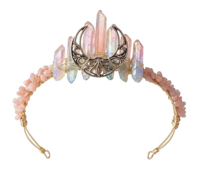 Pastel kristallen tiara met goudkleurige maan hanger – diadeem voor dames – iriserende hoofdband met edelsteen look en maanmotief – geschikt voor festivals, bruiloften en fotoshoots