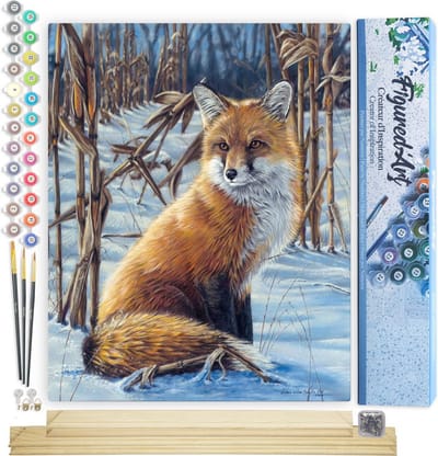Figured'Art Schilderen op Nummer Volwassenen canvas Vos in de sneeuw - Handwerk acrylverf Kit DIY Compleet - 40x50cm met DIY houten lijst