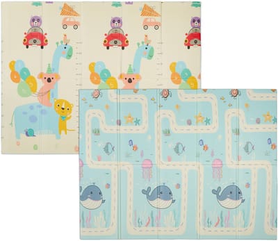 Opvouwbare Speelmat Baby 200 x 150 cm - Dubbelzijdig Speelkleed met Dierenprint - XPE Schuimmat - Antislip Kruipmat met Opbergtas