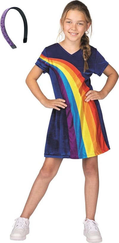 K3 regenboogjurkje - regenboog jurkje - regenboogjurk - verkleedjurk, jurk - mt 6-8 jaar + glitter haarband