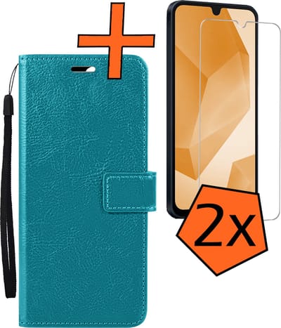 Hoes - Met 2x Screenprotector - Geschikt voor Samsung Galaxy A16 - Luxe Pasjeshouder - Bookcase Portemonee - Flip Case - Kunstleer Book Case - Flipcase Hoes - Book Cover - Walletcase - PortemonneeHoes - Turquoise