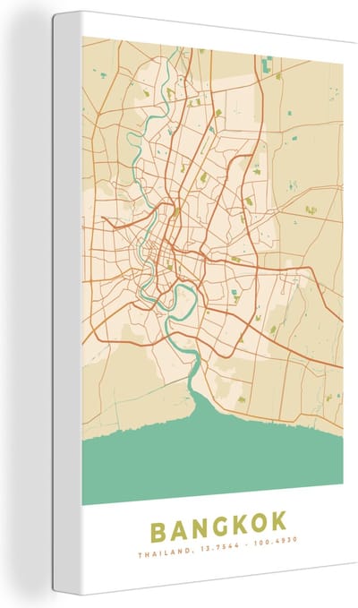 Canvas Schilderij Bangkok - Plattegrond - Vintage - Stadskaart - Kaart - 20x30 cm - Wanddecoratie