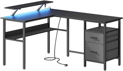 L-vormig hoekcomputerbureau multifunctioneel kantoorbureau 120 x 150 x 76-90 cm zwart met opklapbare monitorsteun, 2 lade(s) links/rechts te plaatsen, verstelbare LED-verlichting en stopcontacten, eenvoudig te monteren, stevig metalen frame