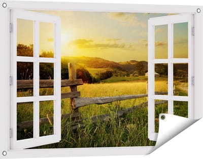 Gards Tuinposter Doorkijk Boerderij Hekken op het Grasveld - 90x60 cm - Tuindoek - Tuindecoratie - Wanddecoratie buiten - Tuinschilderij