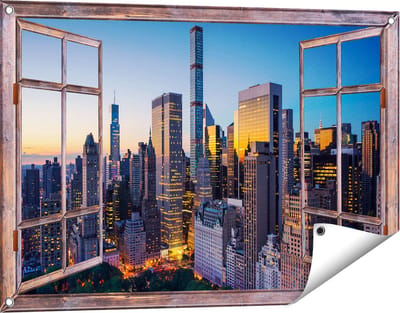 Gards Tuinposter Doorkijk New York bij Zonsopgang - 90x60 cm - Tuindoek - Tuindecoratie - Wanddecoratie buiten - Tuinschilderij
