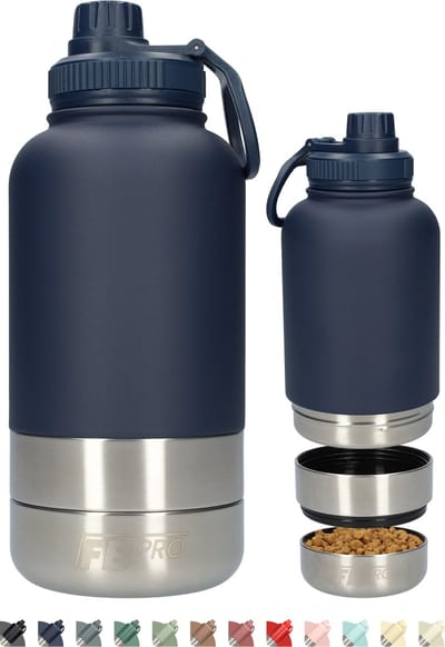 Honden drinkfles met voerbakken - Waterfles hond - Dubbelwandig - Thermosfles - Hondendrinkbak - Multifunctioneel - Hondenvoerbak - RVS Fles - Lekbestendige dop - BPA vrij - 1 Liter - Met handvat - Perfect voor onderweg - Donker Blauw