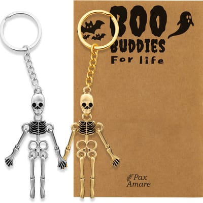 BFF Sleutelhanger voor 2 'Boo Buddies for Life ' - Magnetische Skeletjes - Sleutelhanger set op Cadeau Kaartje - Zilverkleurig & Goudkleurig - Vriendschap Symbool - Pax Amare